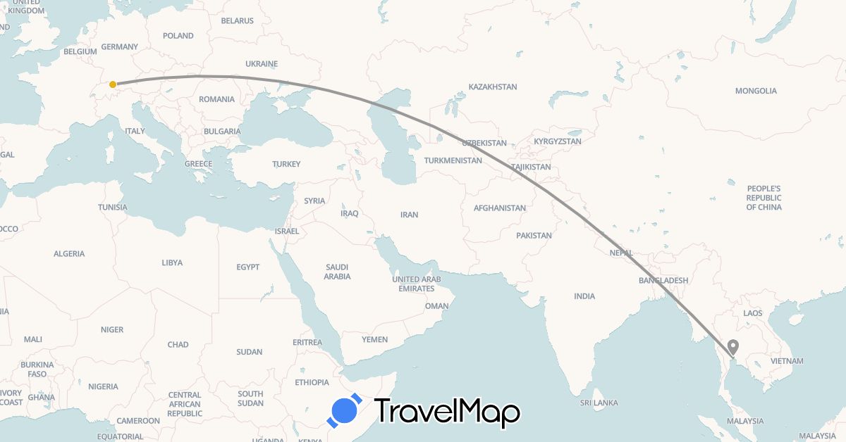 TravelMap itinerary: driving, plane, magisches pferd in Switzerland, Thailand (Asia, Europe)
